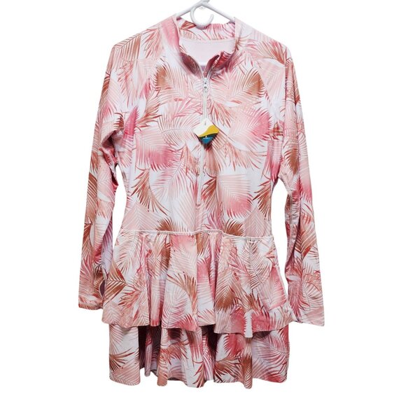 UniqueBella Womens Long Sleeve Ruffle Hem Swim Dress  Pink Leaf Print Size 2XL - Picture 1 of 8